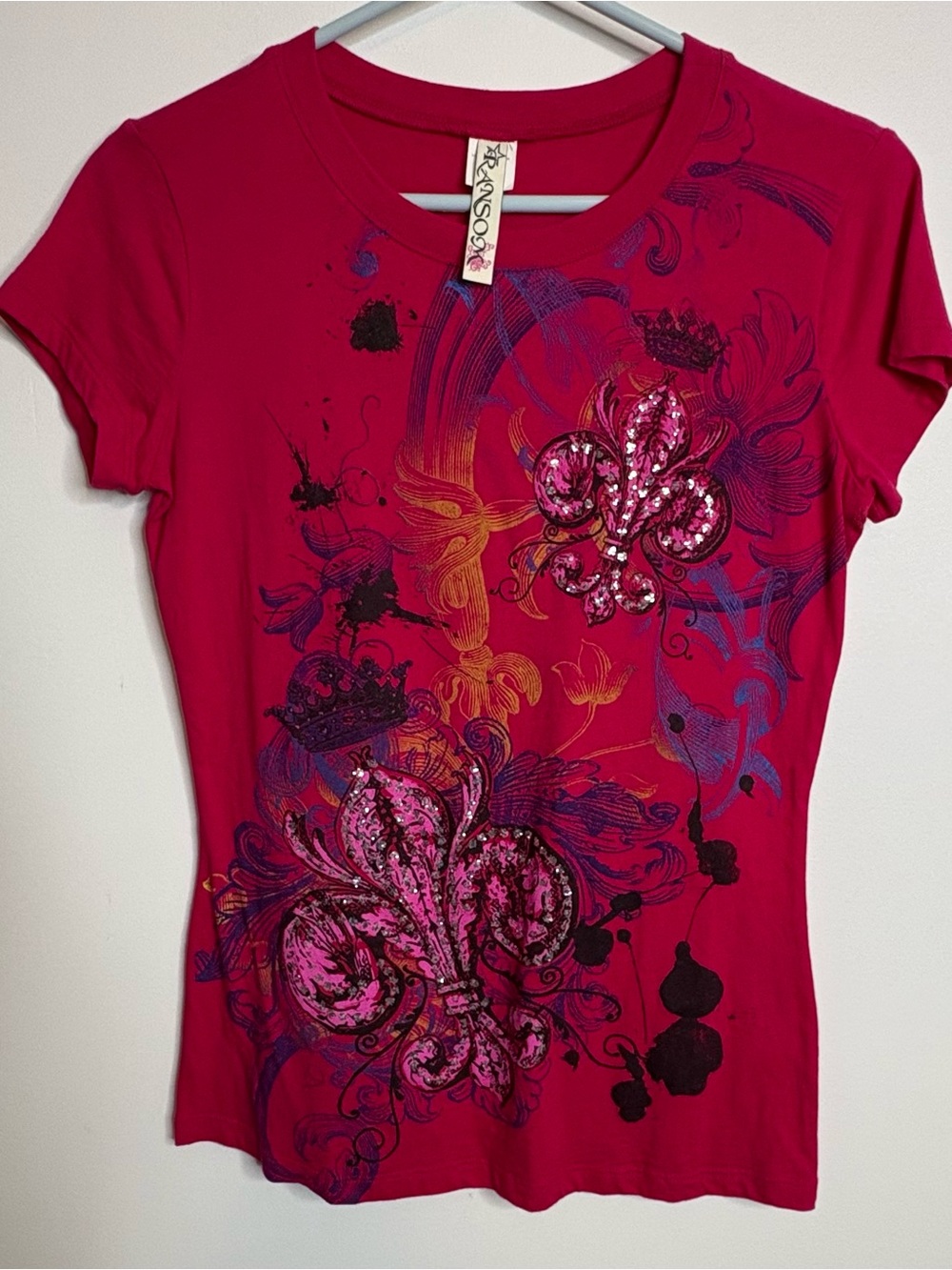 Ransom Women's Hot Pink Short Sleeve Fleur-de-Lis Sequin Tee Size M Cotton